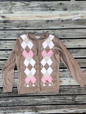 Argyle Brown Pink Preppy XS Croft & Barrow Cardigan Button Down Sweater Kohls